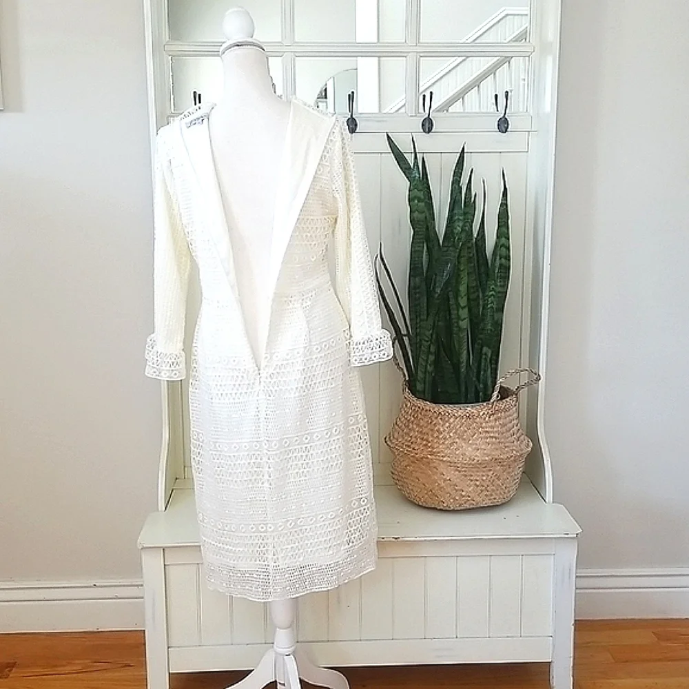 Stunning Off White Fitted  Lace Midi Dress - Picture 6 of 12